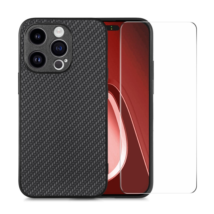 For iPhone 15 Pro ENKAY Fiber Leather Skin PC Phone Case with High Aluminum-silicon Glass Film(Black) - HoMEdemic™ 