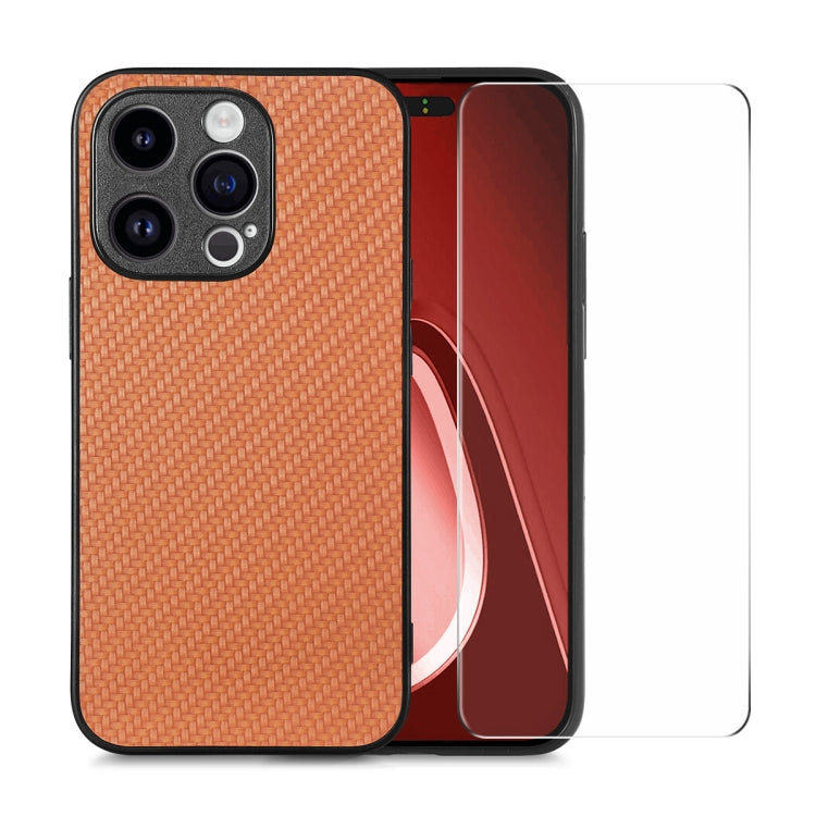 For iPhone 15 Pro ENKAY Fiber Leather Skin PC Phone Case with High Aluminum-silicon Glass Film(Brown) - HoMEdemic™ 