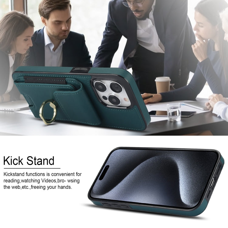 For iPhone 15 Pro Elastic Card Bag Ring Holder Phone Case(Dark Green) - HoMEdemic™ 