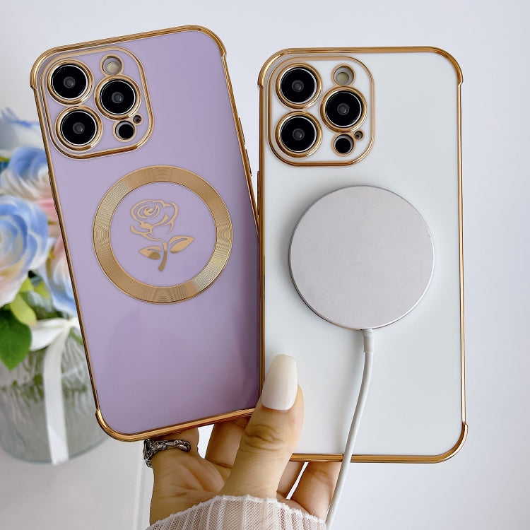 For iPhone 15 Pro Electroplate Side Roses Flower MagSafe Phone Case(Dark Purple) - HoMEdemic™ 