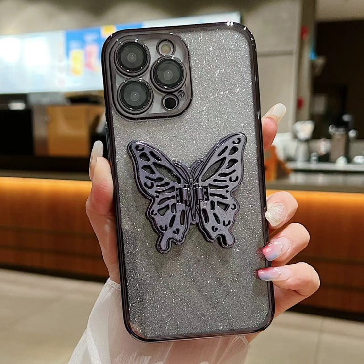 For iPhone 15 Pro Electroplated Gradient Glitter 3D Butterfly TPU Phone Case(Gradient Black) - HoMEdemic™ 