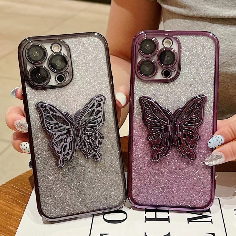 For iPhone 15 Pro Electroplated Gradient Glitter 3D Butterfly TPU Phone Case(Gradient Black) - HoMEdemic™ 
