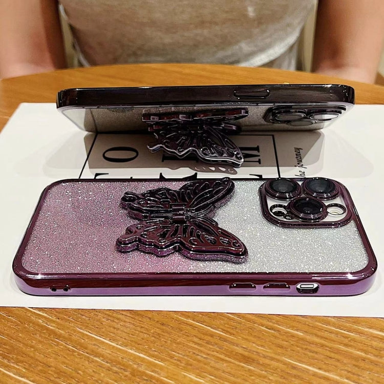 For iPhone 15 Pro Electroplated Gradient Glitter 3D Butterfly TPU Phone Case(Gradient Black) - HoMEdemic™ 