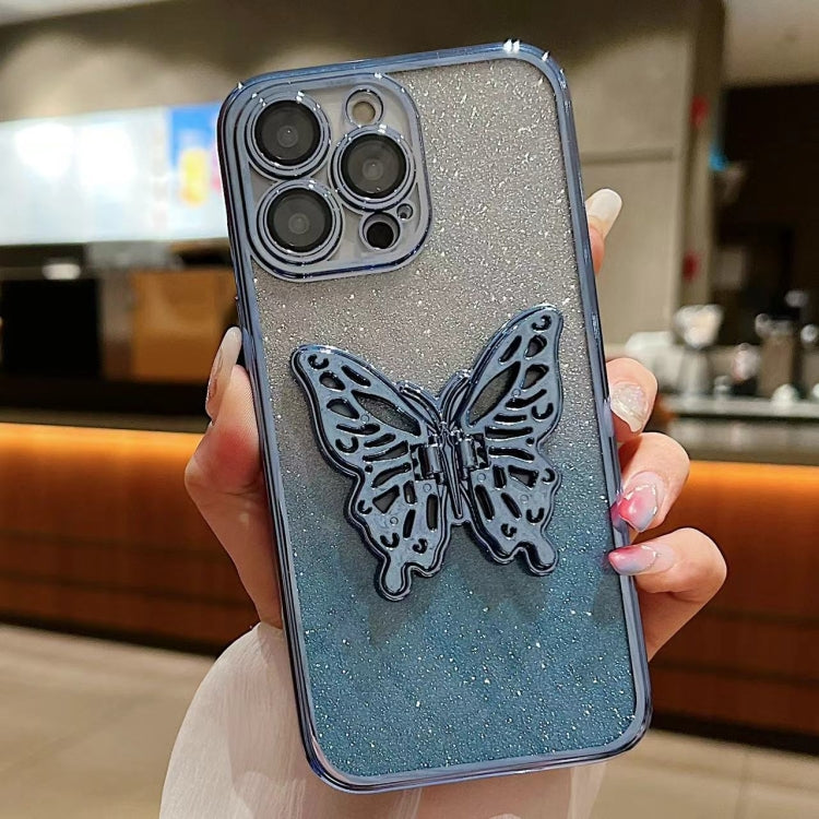 For iPhone 15 Pro Electroplated Gradient Glitter 3D Butterfly TPU Phone Case(Gradient Blue) - HoMEdemic™ 