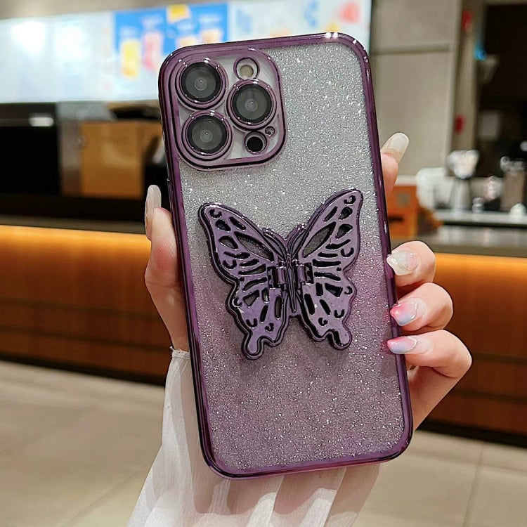 For iPhone 15 Pro Electroplated Gradient Glitter 3D Butterfly TPU Phone Case(Gradient Purple) - HoMEdemic™ 