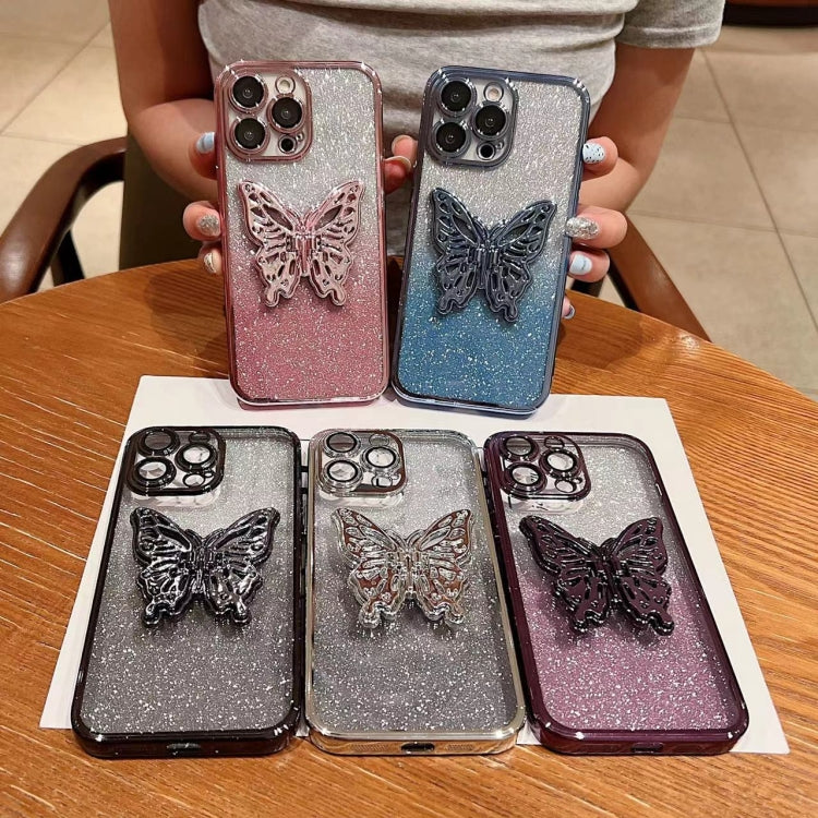 For iPhone 15 Pro Electroplated Gradient Glitter 3D Butterfly TPU Phone Case(Gradient Silver) - HoMEdemic™ 