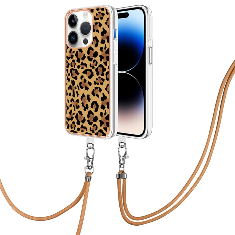 For iPhone 15 Pro Electroplating Dual-side IMD Phone Case with Lanyard(Leopard Print) - HoMEdemic™ 