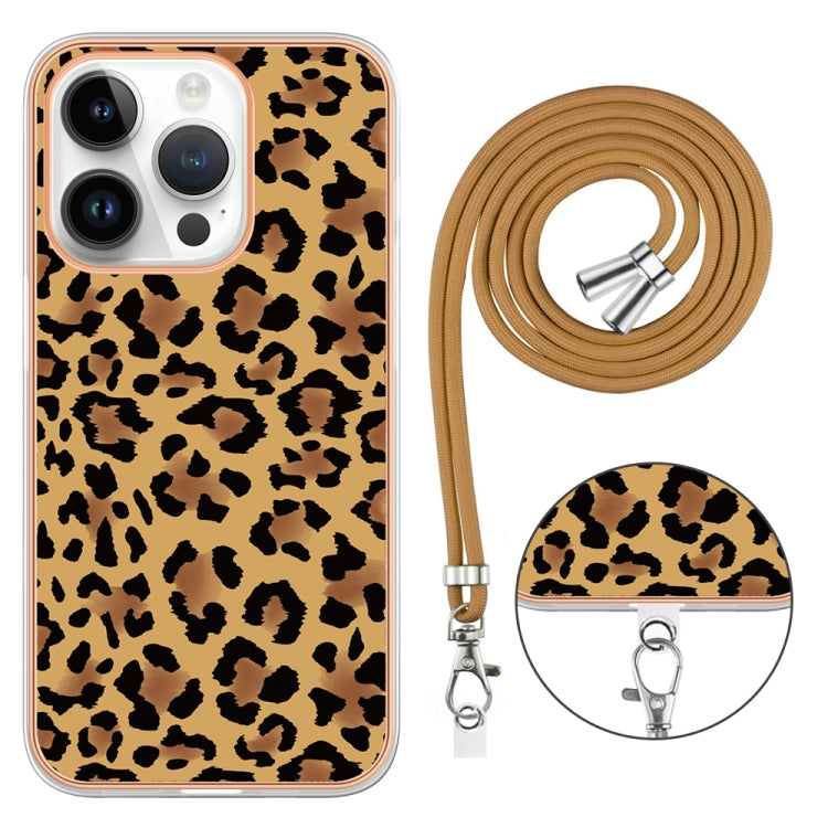 For iPhone 15 Pro Electroplating Dual-side IMD Phone Case with Lanyard(Leopard Print) - HoMEdemic™ 