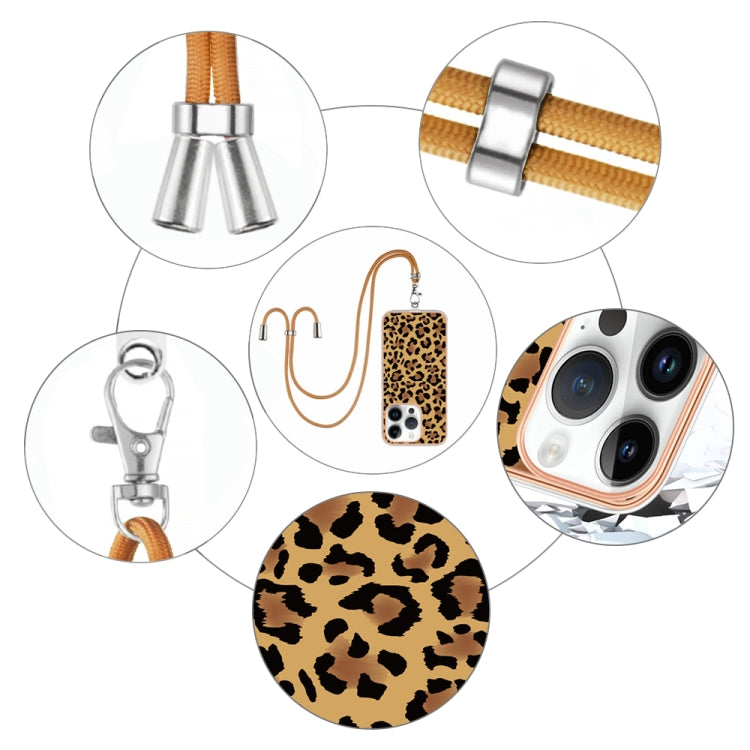 For iPhone 15 Pro Electroplating Dual-side IMD Phone Case with Lanyard(Leopard Print) - HoMEdemic™ 