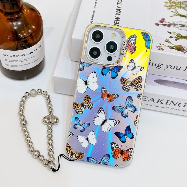For iPhone 15 Pro Electroplating Laser Butterfly Phone Case with Wrist Strap(Color Butterflies AB1) - HoMEdemic™ 