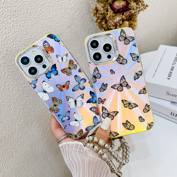 For iPhone 15 Pro Electroplating Laser Butterfly Phone Case with Wrist Strap(Color Butterflies AB1) - HoMEdemic™ 