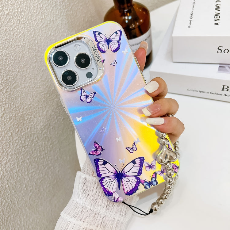 For iPhone 15 Pro Electroplating Laser Butterfly Phone Case with Wrist Strap(Color Butterflies AB1) - HoMEdemic™ 