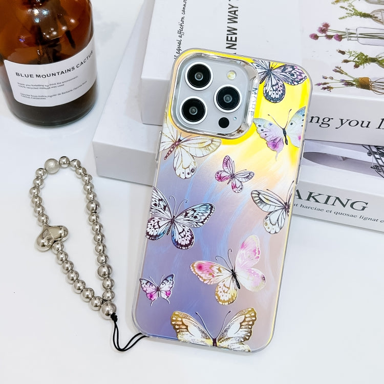 For iPhone 15 Pro Electroplating Laser Butterfly Phone Case with Wrist Strap(Pink Butterflies AB2) - HoMEdemic™ 