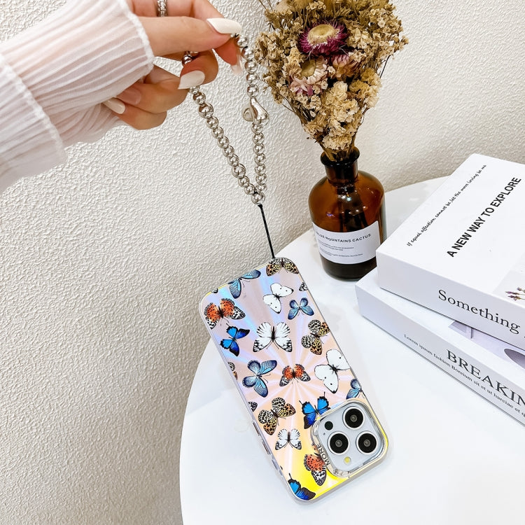 For iPhone 15 Pro Electroplating Laser Butterfly Phone Case with Wrist Strap(Pink Butterflies AB2) - HoMEdemic™ 