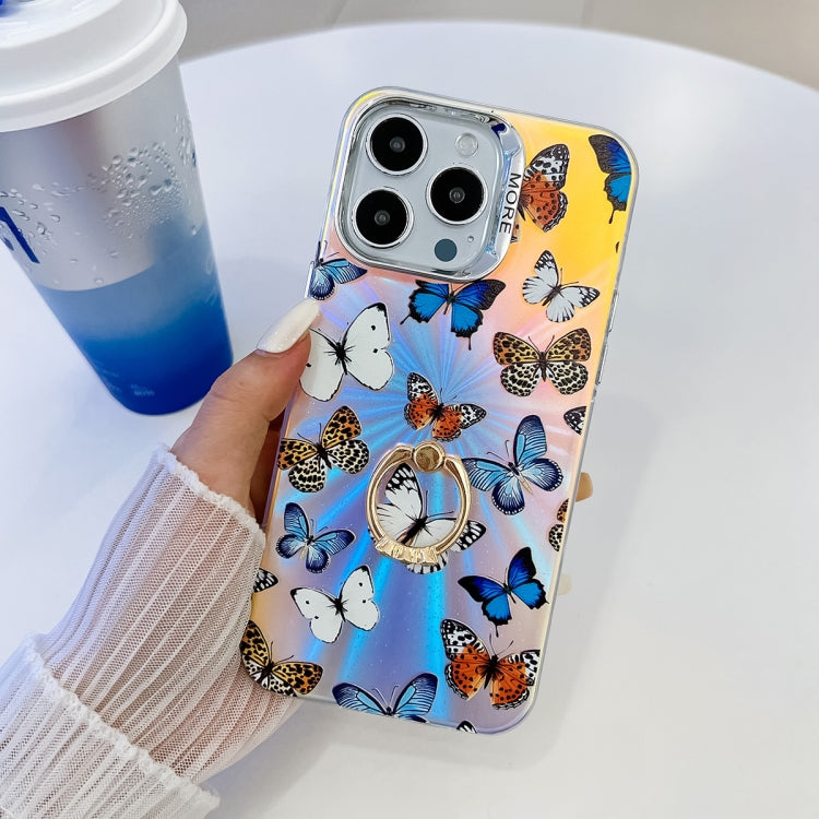 For iPhone 15 Pro Electroplating Laser Butterfly Ring Holder Phone Case(Color Butterflies AB1) - HoMEdemic™ 