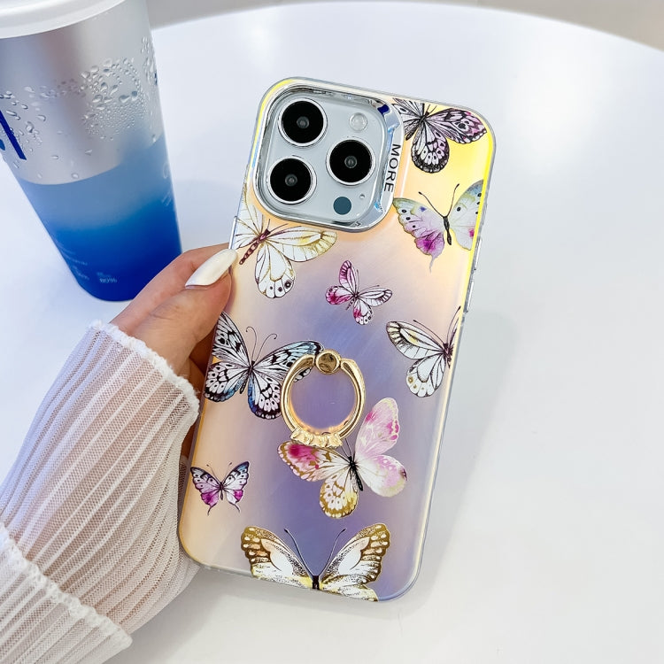 For iPhone 15 Pro Electroplating Laser Butterfly Ring Holder Phone Case(Pink Butterflies AB2) - HoMEdemic™ 
