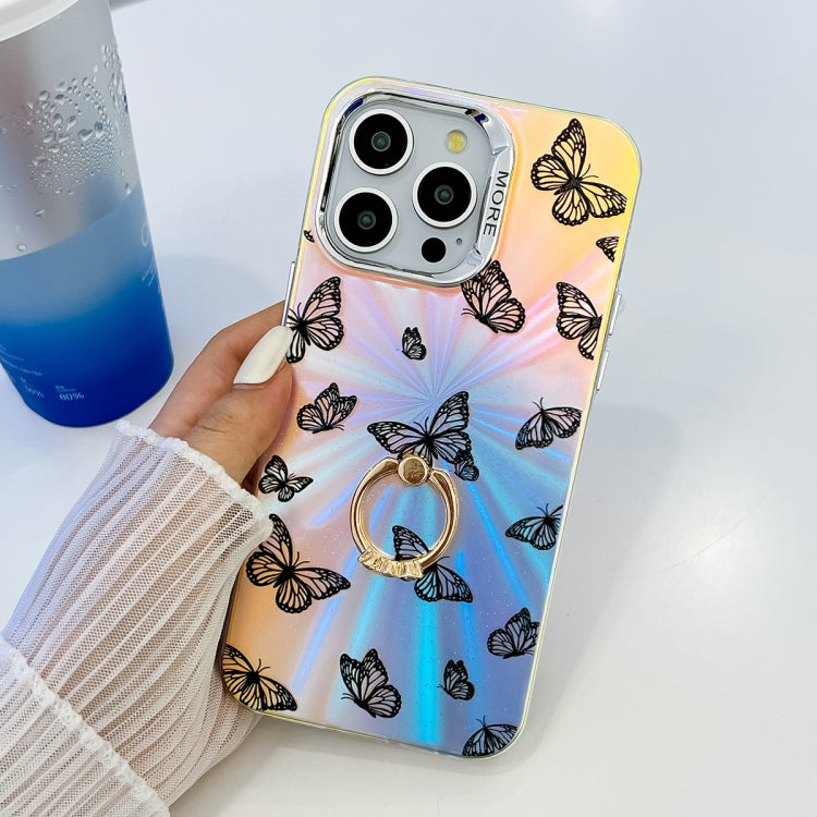 For iPhone 15 Pro Electroplating Laser Butterfly Ring Holder Phone Case(Purple Butterflies AB3) - HoMEdemic™ 