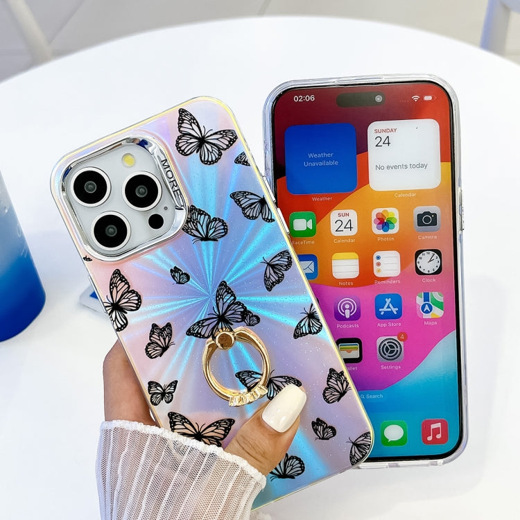 For iPhone 15 Pro Electroplating Laser Butterfly Ring Holder Phone Case(Purple Butterflies AB3) - HoMEdemic™ 