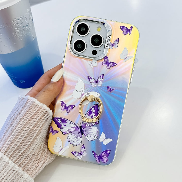 For iPhone 15 Pro Electroplating Laser Butterfly Ring Holder Phone Case(White Purple Butterflies AB6) - HoMEdemic™ 