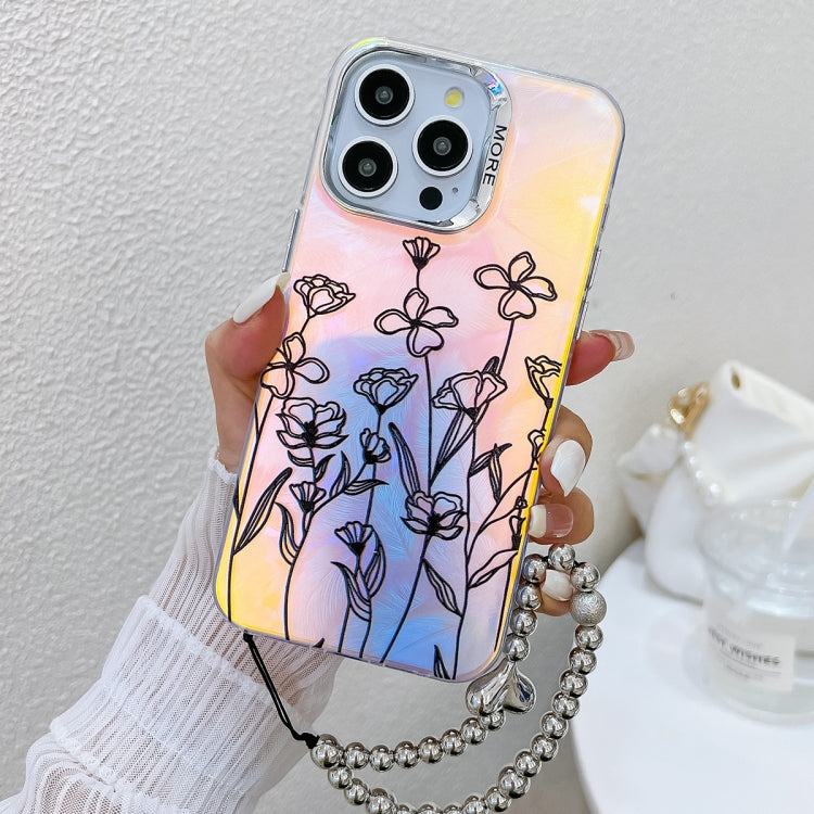 For iPhone 15 Pro Electroplating Laser Flower Phone Case with Wrist Strap(Drawn Flowers AH3) - HoMEdemic™ 
