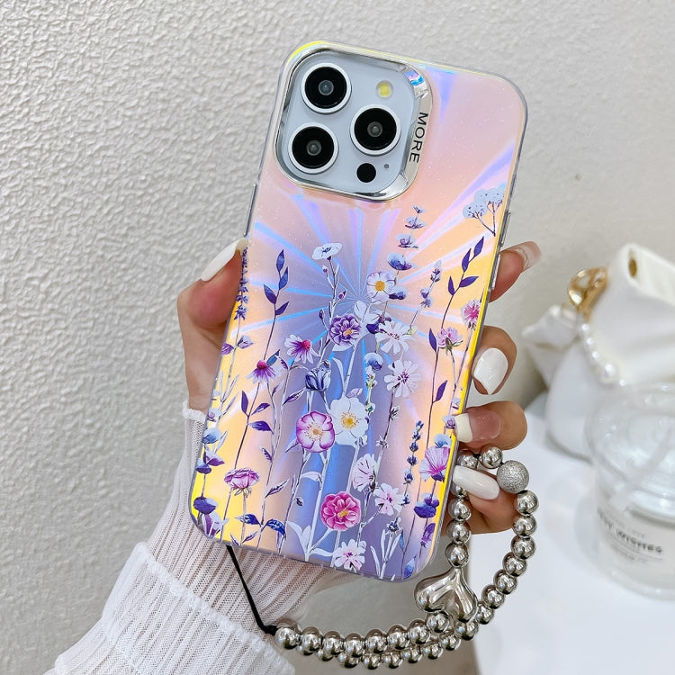 For iPhone 15 Pro Electroplating Laser Flower Phone Case with Wrist Strap(Flower AH1) - HoMEdemic™ 