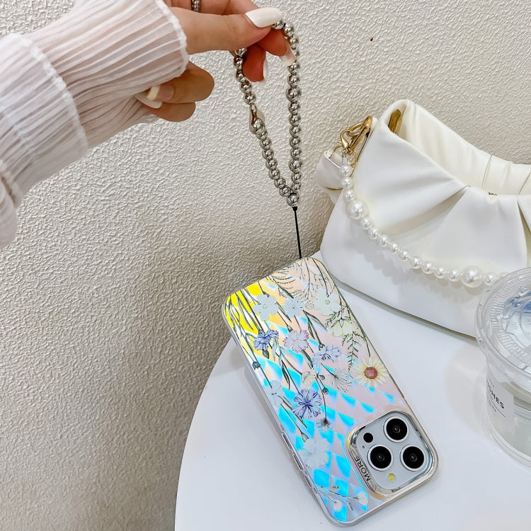 For iPhone 15 Pro Electroplating Laser Flower Phone Case with Wrist Strap(Flower AH6) - HoMEdemic™ 