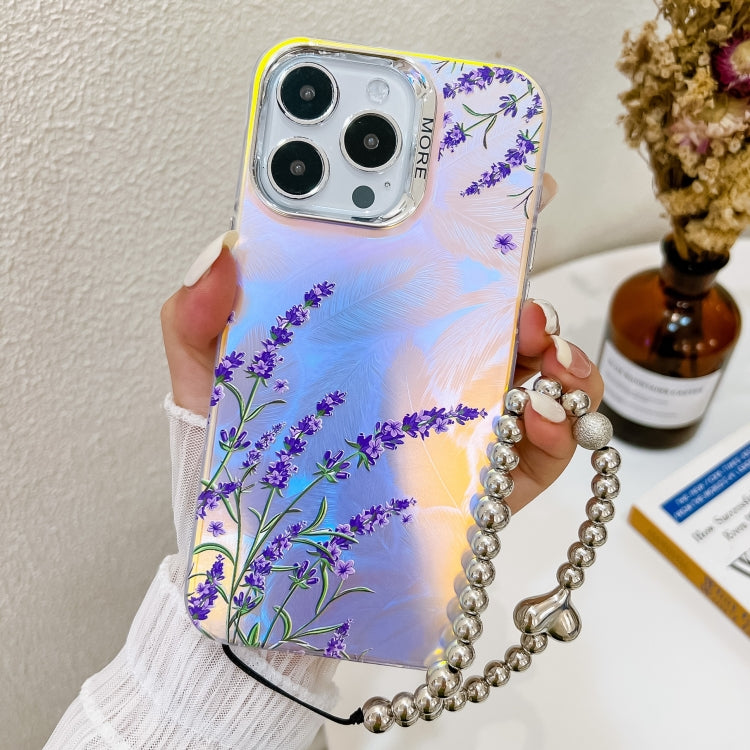 For iPhone 15 Pro Electroplating Laser Flower Phone Case with Wrist Strap(Lavender AH14) - HoMEdemic™ 