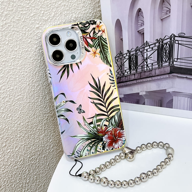 For iPhone 15 Pro Electroplating Laser Flower Phone Case with Wrist Strap(Leaves AH12) - HoMEdemic™ 