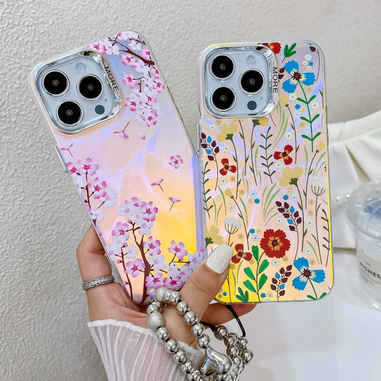 For iPhone 15 Pro Electroplating Laser Flower Phone Case with Wrist Strap(Leaves AH12) - HoMEdemic™ 