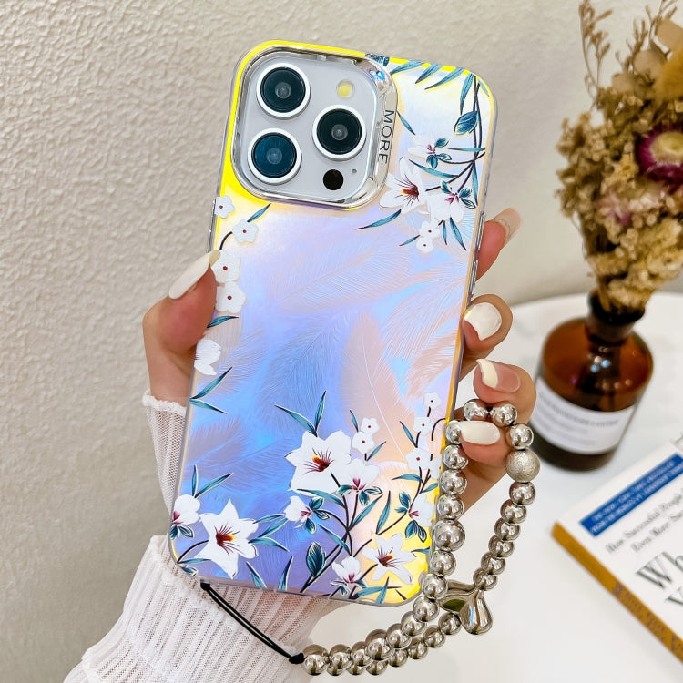 For iPhone 15 Pro Electroplating Laser Flower Phone Case with Wrist Strap(Morning Glory AH16) - HoMEdemic™ 