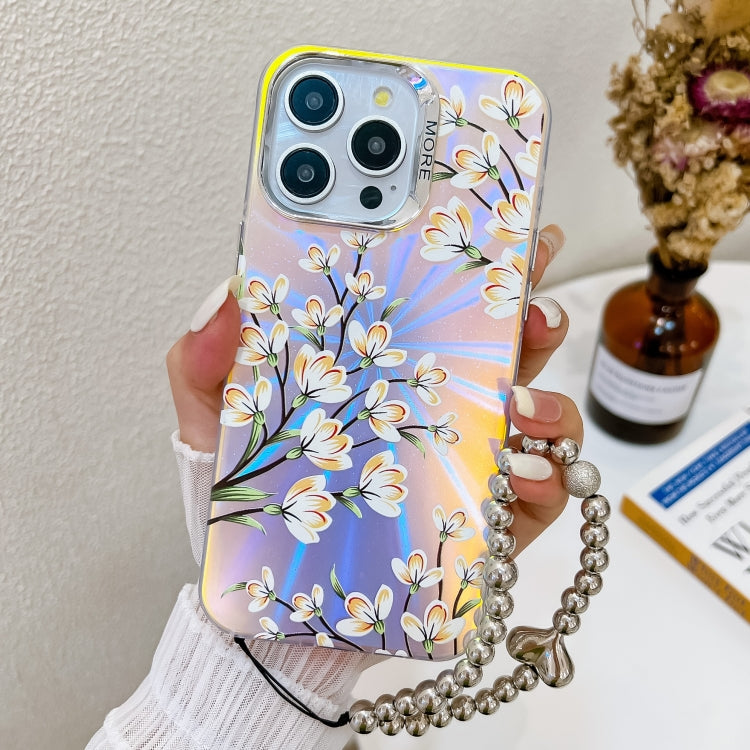 For iPhone 15 Pro Electroplating Laser Flower Phone Case with Wrist Strap(Pear Blossom AH17) - HoMEdemic™ 