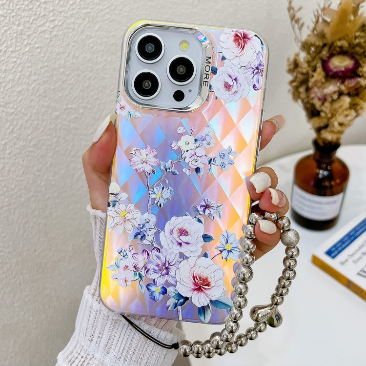 For iPhone 15 Pro Electroplating Laser Flower Phone Case with Wrist Strap(Rose AH15) - HoMEdemic™ 