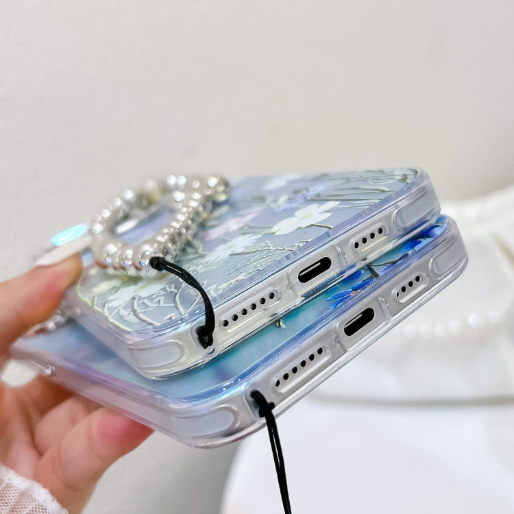 For iPhone 15 Pro Electroplating Laser Flower Phone Case with Wrist Strap(White Flower AH10) - HoMEdemic™ 
