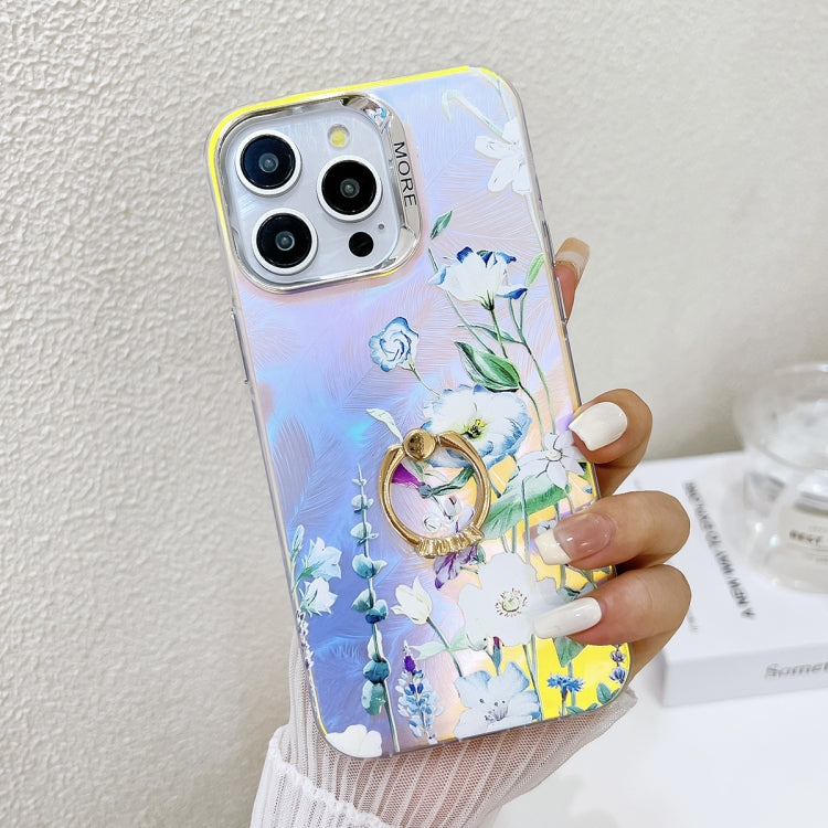 For iPhone 15 Pro Electroplating Laser Flower Ring Holder TPU Phone Case(Blue Flower AH8) - HoMEdemic™ 