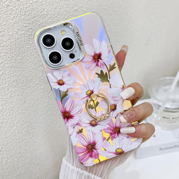 For iPhone 15 Pro Electroplating Laser Flower Ring Holder TPU Phone Case(Cosmos Flower AH7) - HoMEdemic™ 