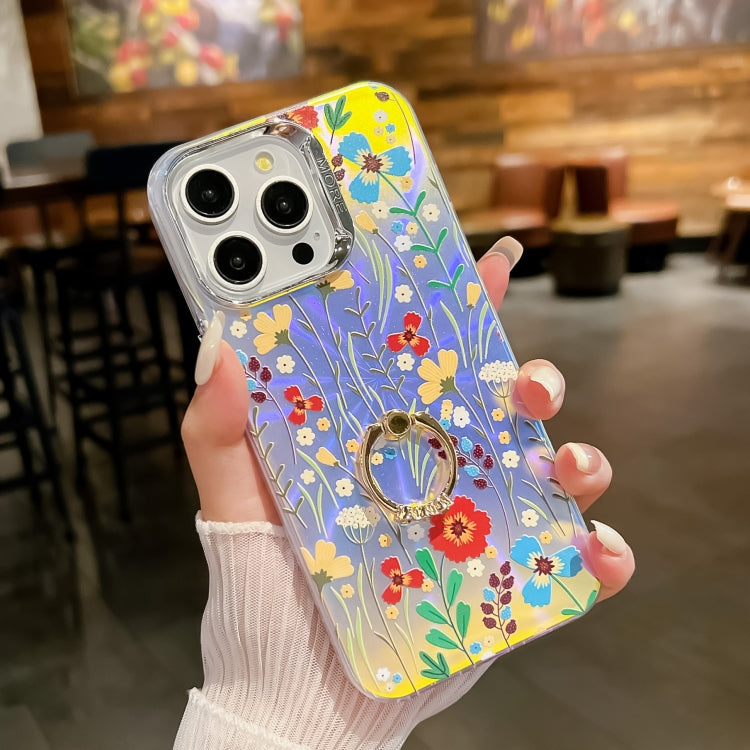 For iPhone 15 Pro Electroplating Laser Flower Ring Holder TPU Phone Case(Flower AH6) - HoMEdemic™ 