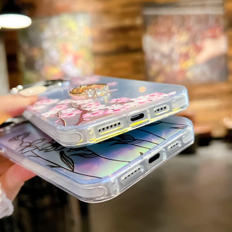 For iPhone 15 Pro Electroplating Laser Flower Ring Holder TPU Phone Case(Flower AH6) - HoMEdemic™ 