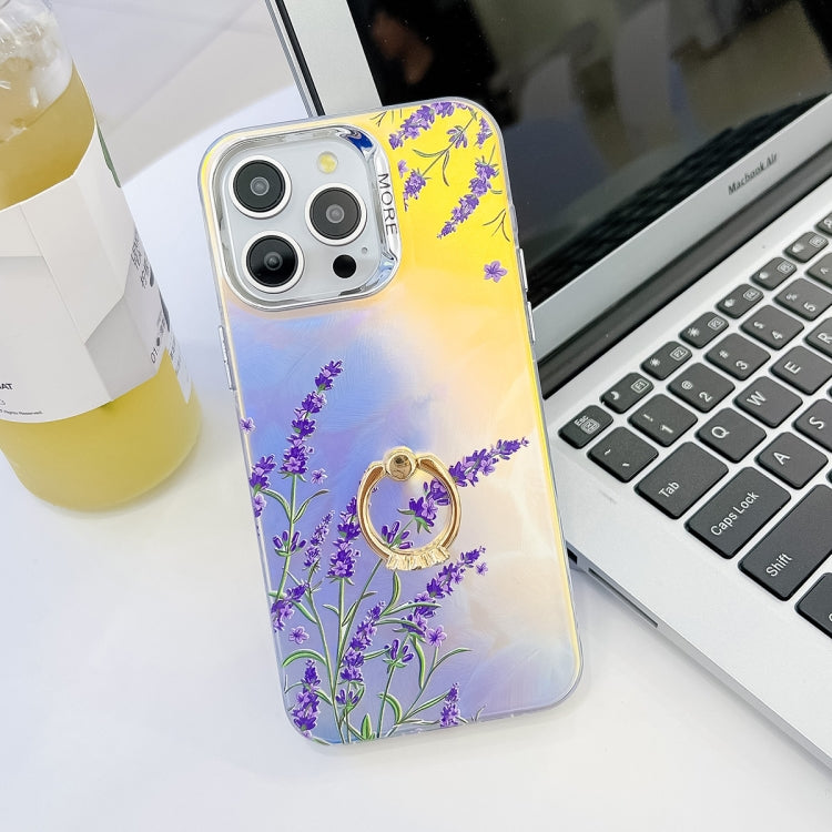 For iPhone 15 Pro Electroplating Laser Flower Ring Holder TPU Phone Case(Lavender AH14) - HoMEdemic™ 