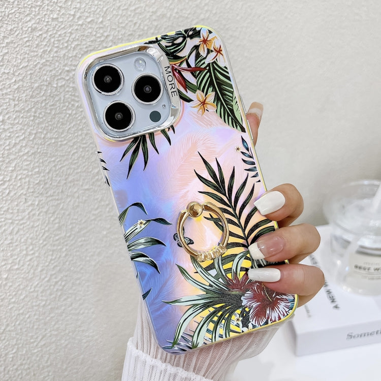 For iPhone 15 Pro Electroplating Laser Flower Ring Holder TPU Phone Case(Leaves AH12) - HoMEdemic™ 