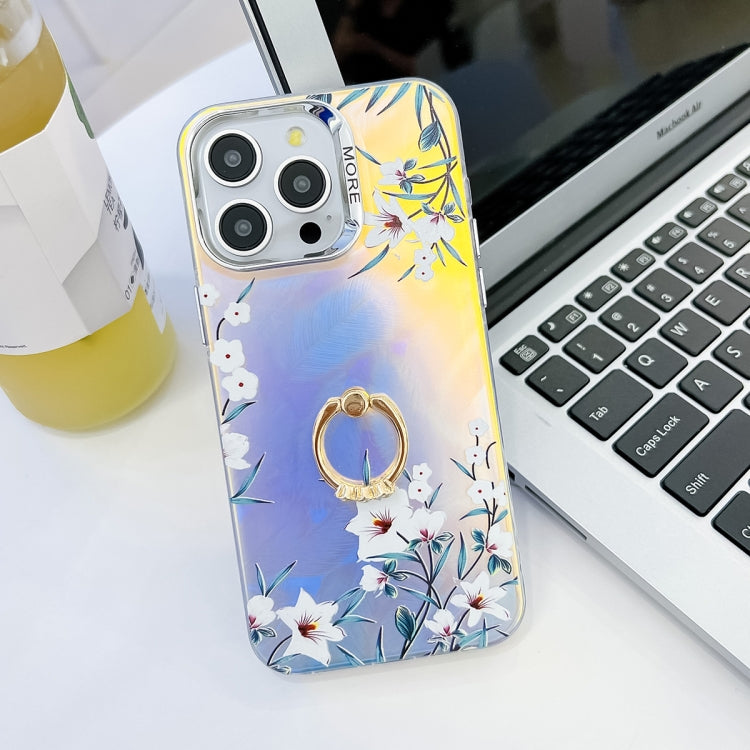For iPhone 15 Pro Electroplating Laser Flower Ring Holder TPU Phone Case(Morning Glory AH16) - HoMEdemic™ 