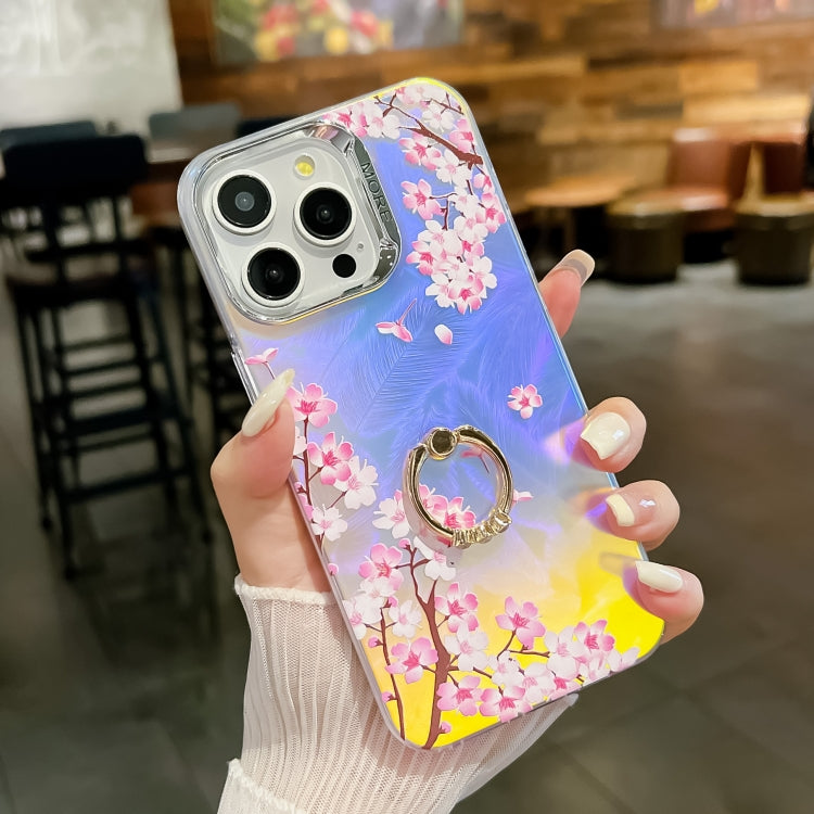 For iPhone 15 Pro Electroplating Laser Flower Ring Holder TPU Phone Case(Peach Blossom AH4) - HoMEdemic™ 
