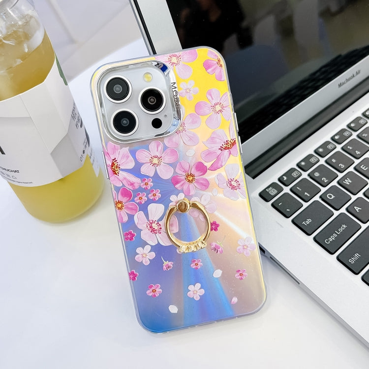 For iPhone 15 Pro Electroplating Laser Flower Ring Holder TPU Phone Case(Pink Flower AH13) - HoMEdemic™ 