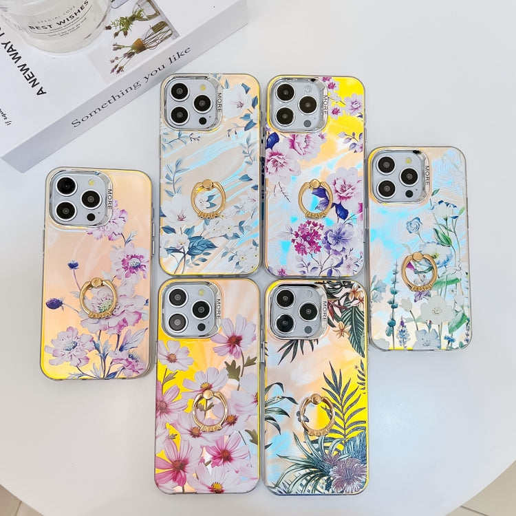 For iPhone 15 Pro Electroplating Laser Flower Ring Holder TPU Phone Case(Pink Flower AH13) - HoMEdemic™ 