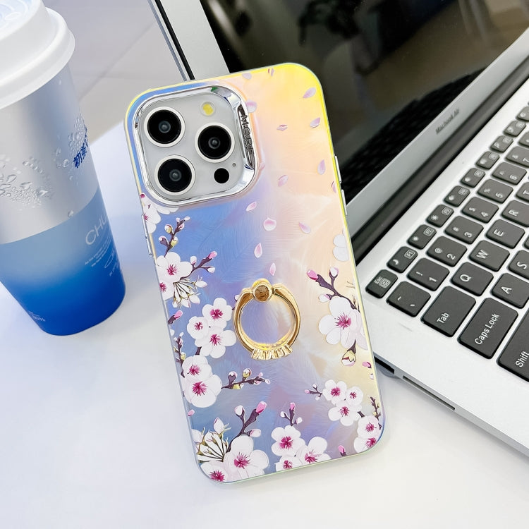 For iPhone 15 Pro Electroplating Laser Flower Ring Holder TPU Phone Case(Plum Blossom AH18) - HoMEdemic™ 