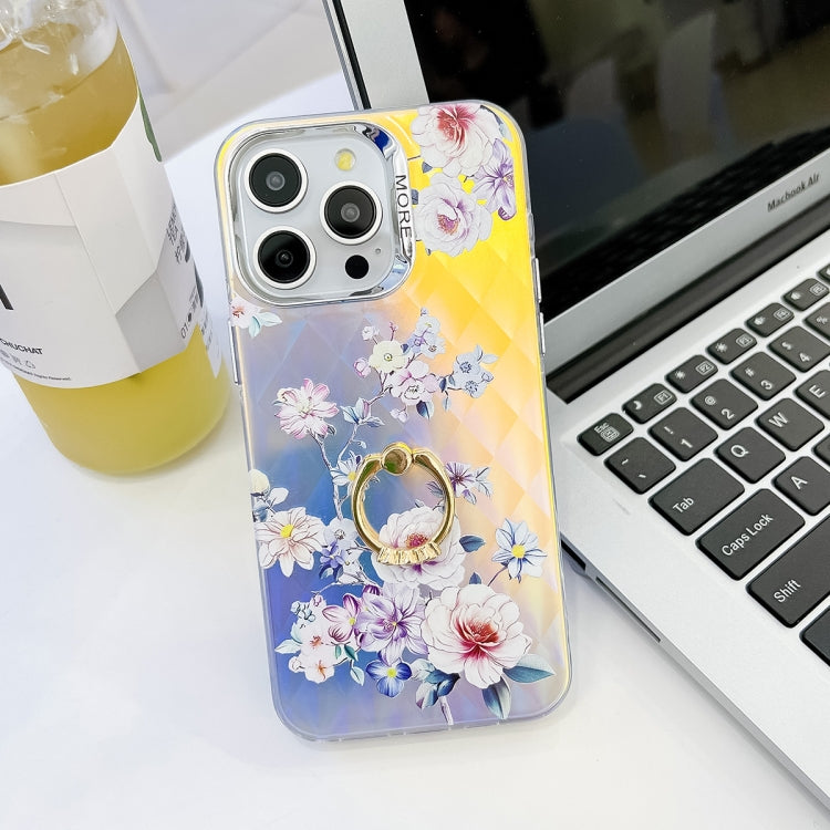 For iPhone 15 Pro Electroplating Laser Flower Ring Holder TPU Phone Case(Rose AH15) - HoMEdemic™ 