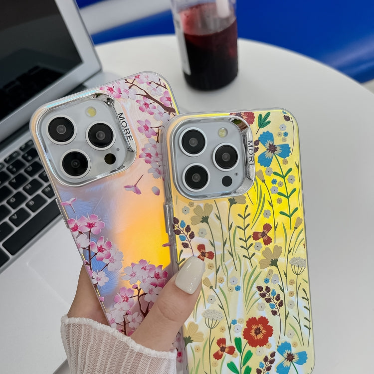For iPhone 15 Pro Electroplating Laser Flower Texture TPU Phone Case(Peach Blossom AH4) - HoMEdemic™ 