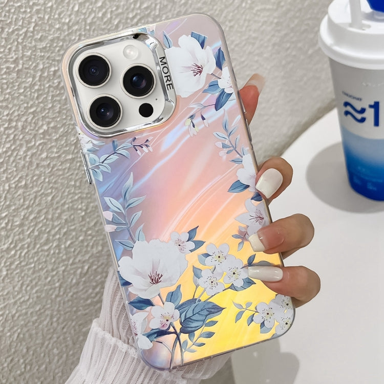 For iPhone 15 Pro Electroplating Laser Flower Texture TPU Phone Case(White Flower AH10) - HoMEdemic™ 