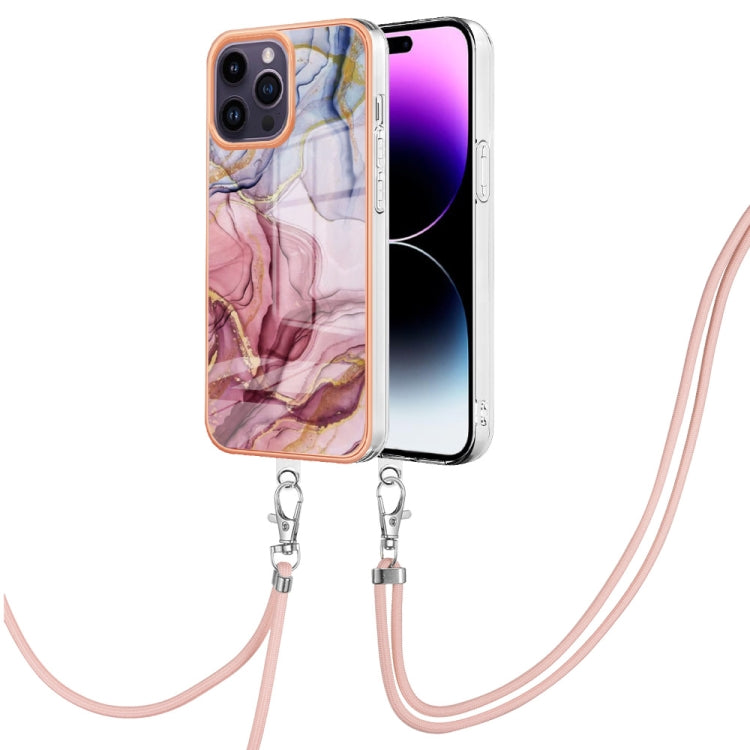 For iPhone 15 Pro Electroplating Marble Dual-side IMD Phone Case with Lanyard(Rose Red 014) - HoMEdemic™ 