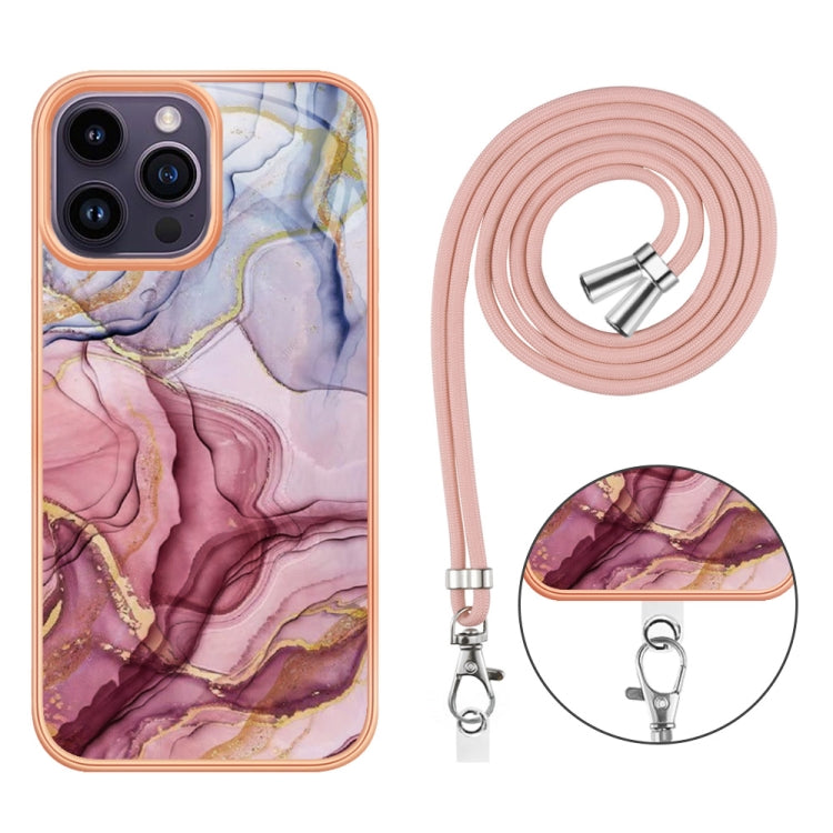 For iPhone 15 Pro Electroplating Marble Dual-side IMD Phone Case with Lanyard(Rose Red 014) - HoMEdemic™ 