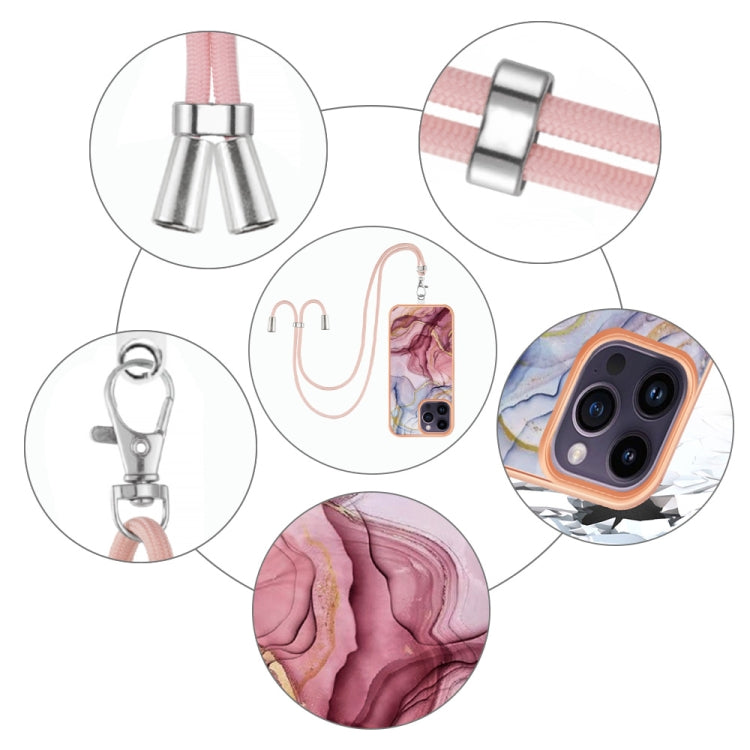 For iPhone 15 Pro Electroplating Marble Dual-side IMD Phone Case with Lanyard(Rose Red 014) - HoMEdemic™ 